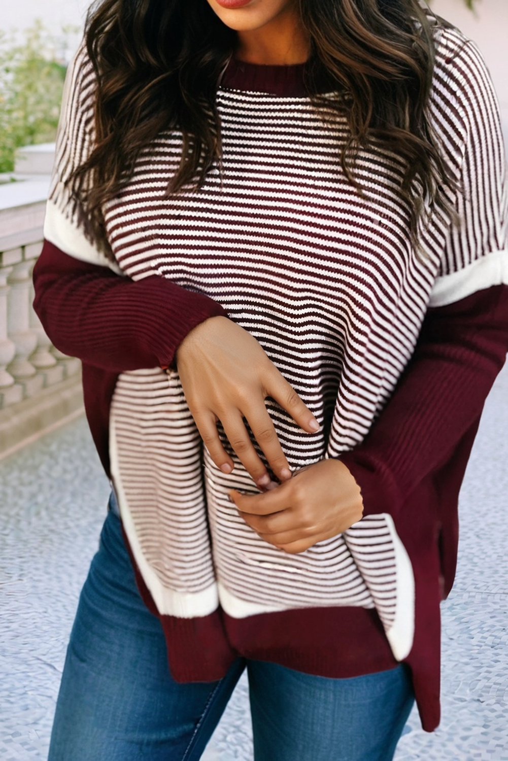 Color Block Patchwork Dolman Oversize Tunic Sweater: Blue