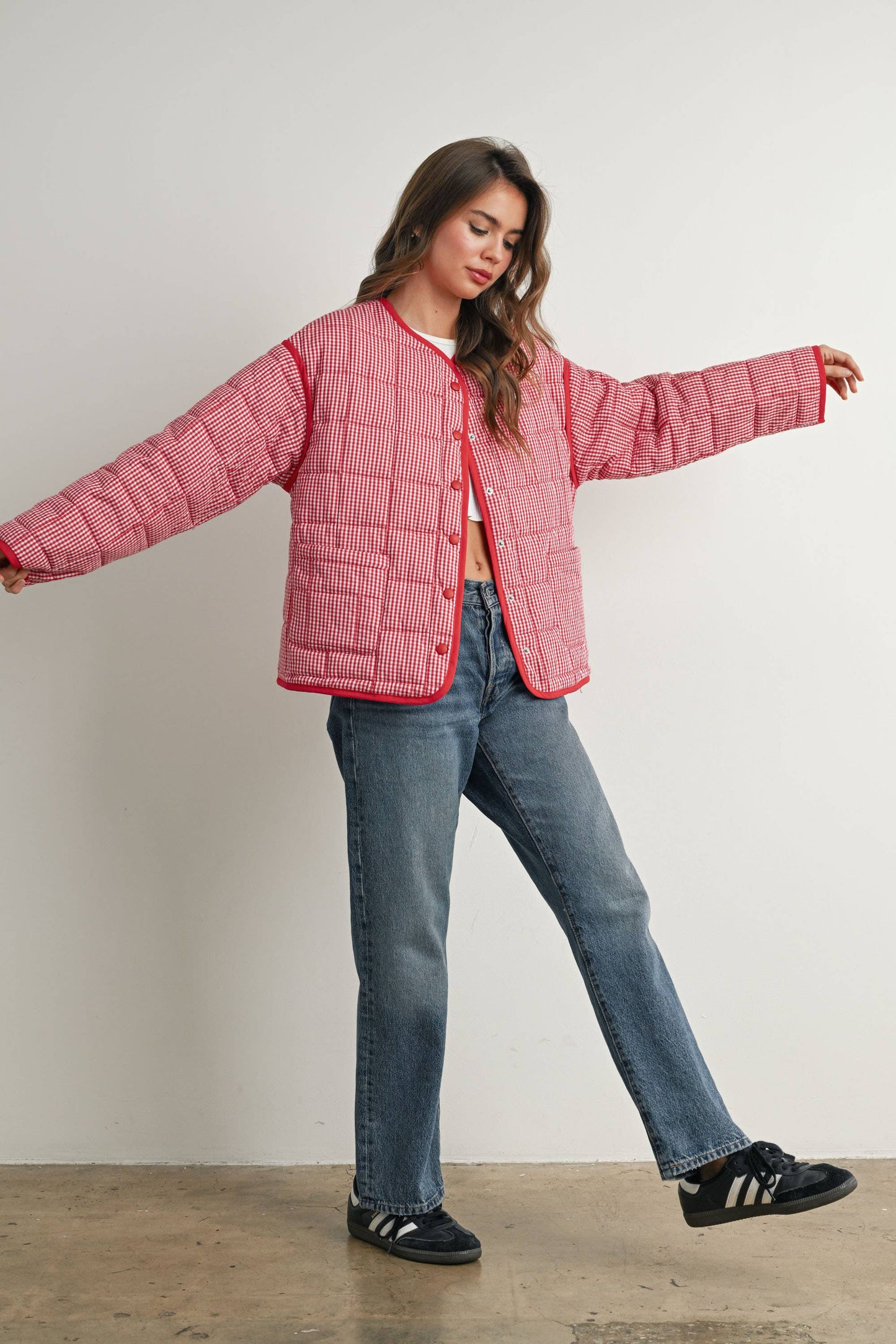 Buttoned Quilted Puffer Jacket -Red