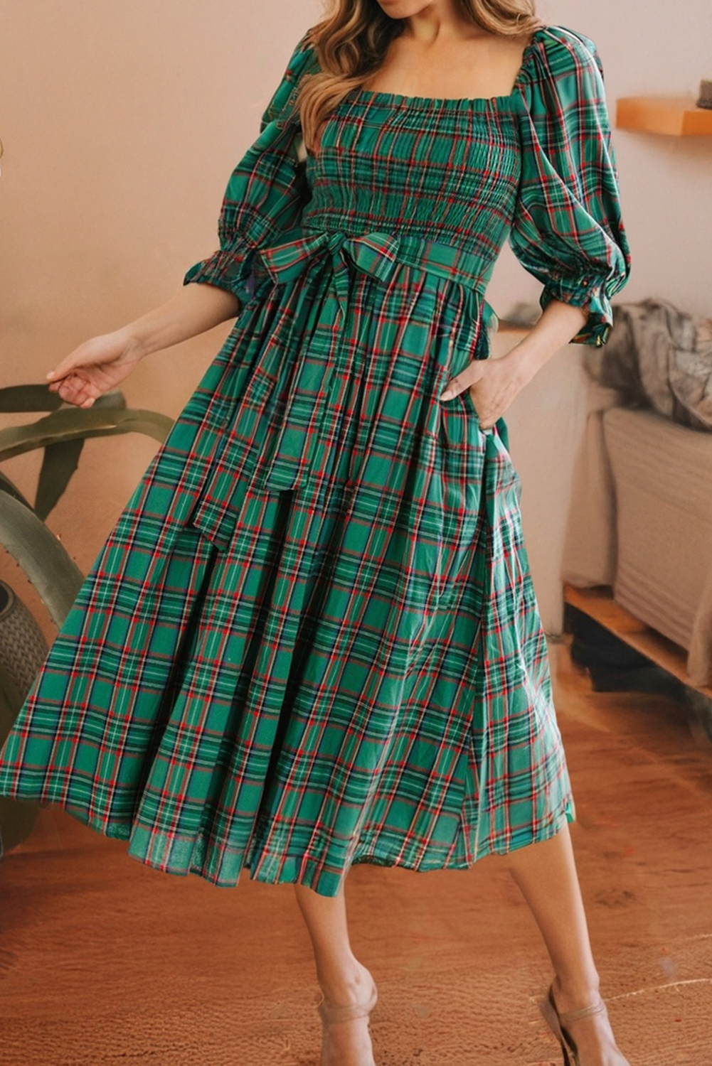 Plaid Square Neck Puff Sleeve Knot Waist Flared Dress: Red