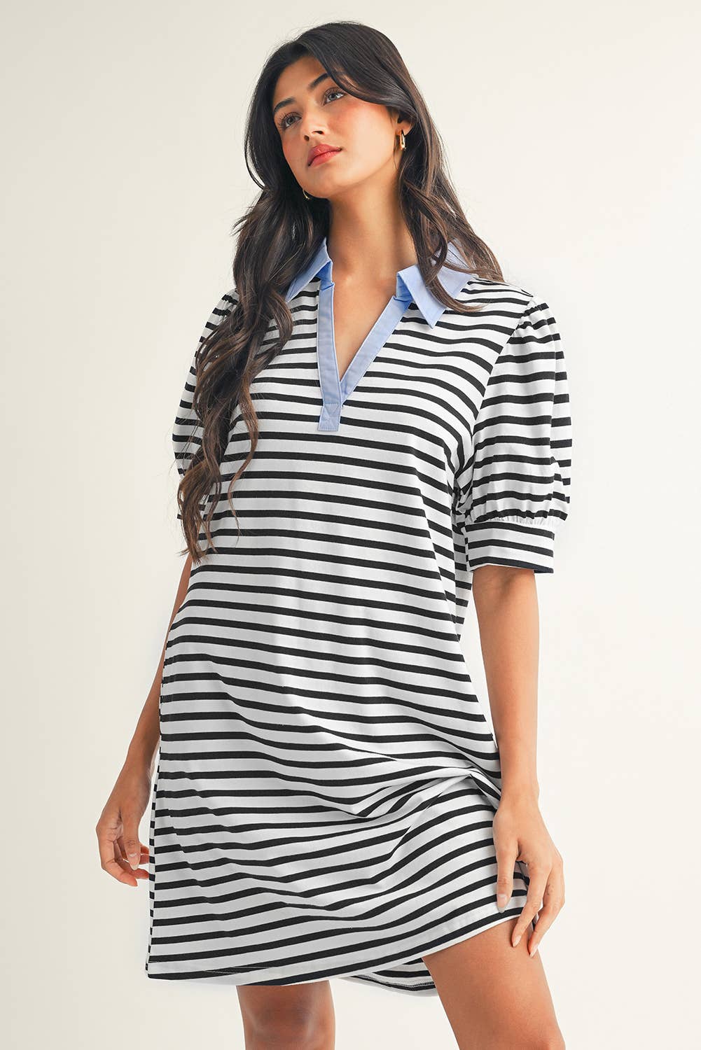 Stripe Contrast V Neck Collared T Shirt Mini Dress: Black