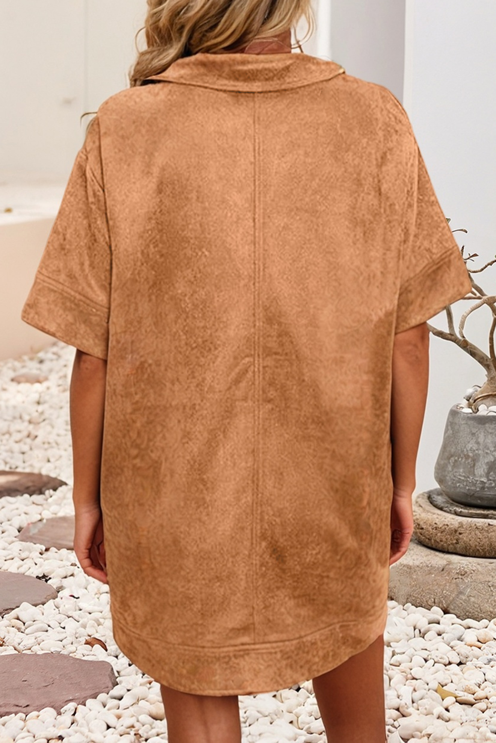 V Neck Faux Suede Short Sleeve Shift Mini Dress: Thai Curry