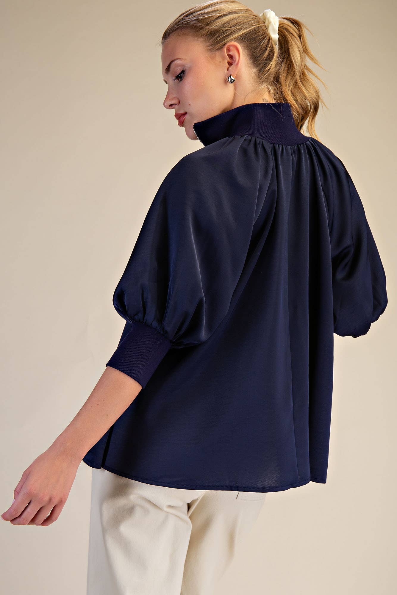 Mock Neck Band Puff Sleeve Elegance Blouse: Light Pink