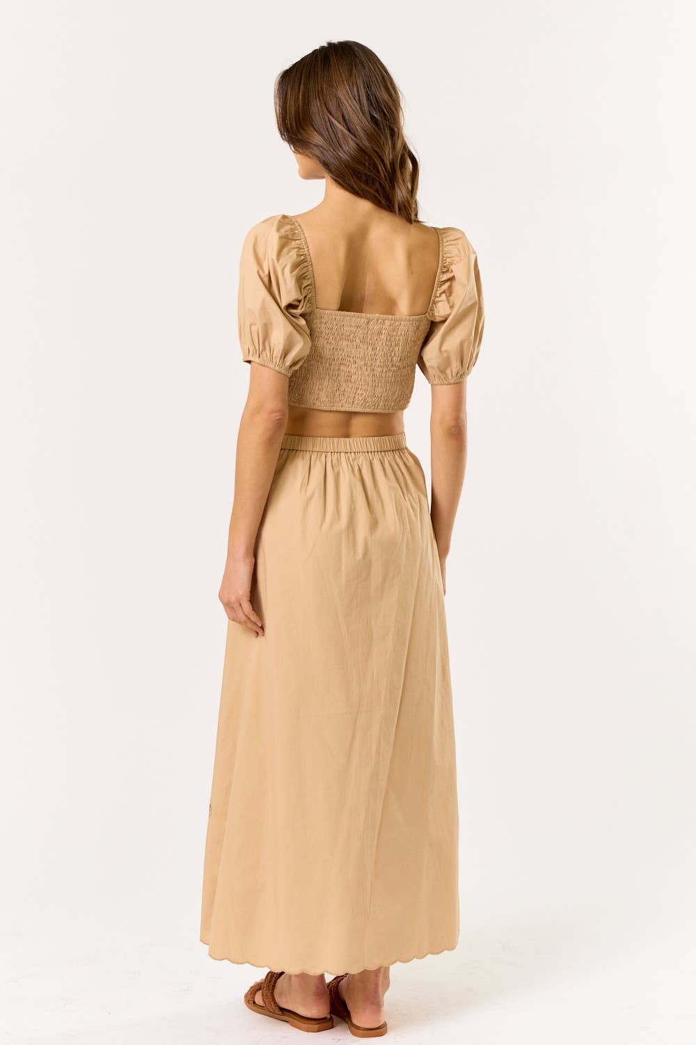 Puff Sleeve Embroidery Cropped Top & Skirt Set : Taupe