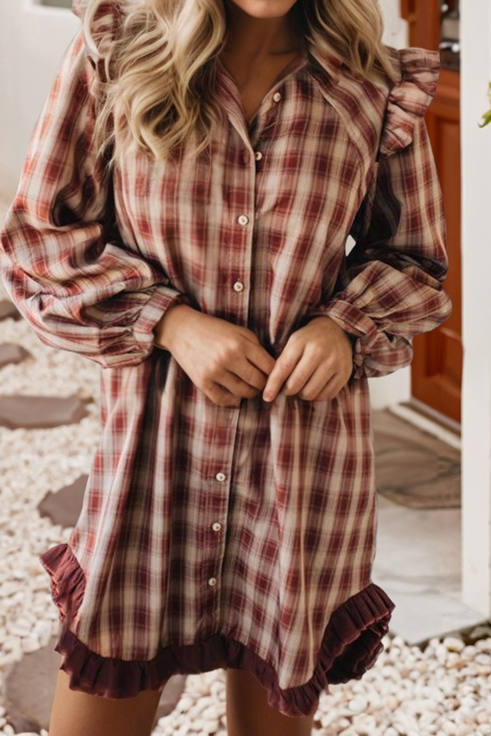 Plaid Ruffle Contrast Hem Patchwork Mini Shirt Dress: Red