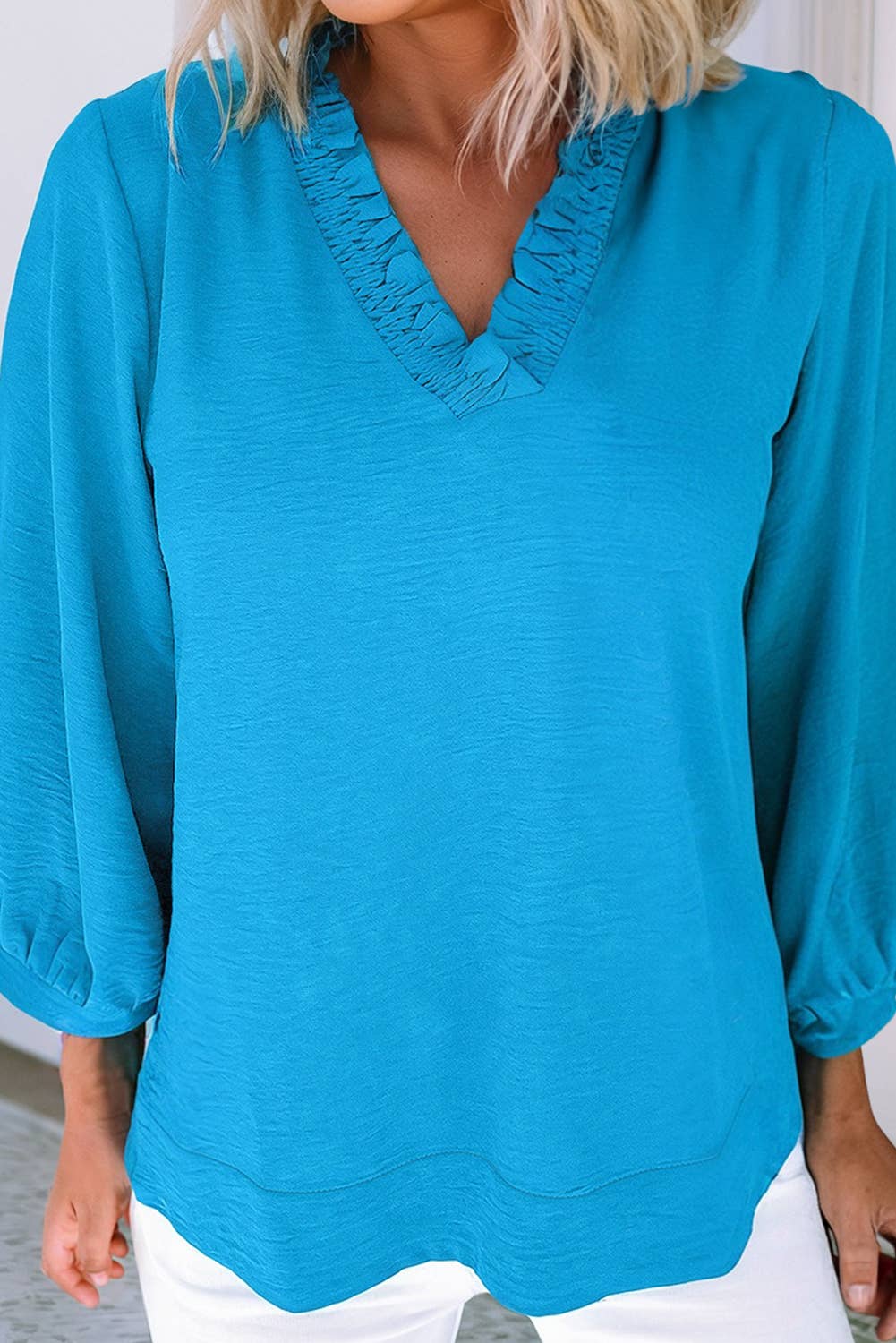 Frilled V Neckline Bracelet Sleeve Crinkled Blouse: Moonlight Jade