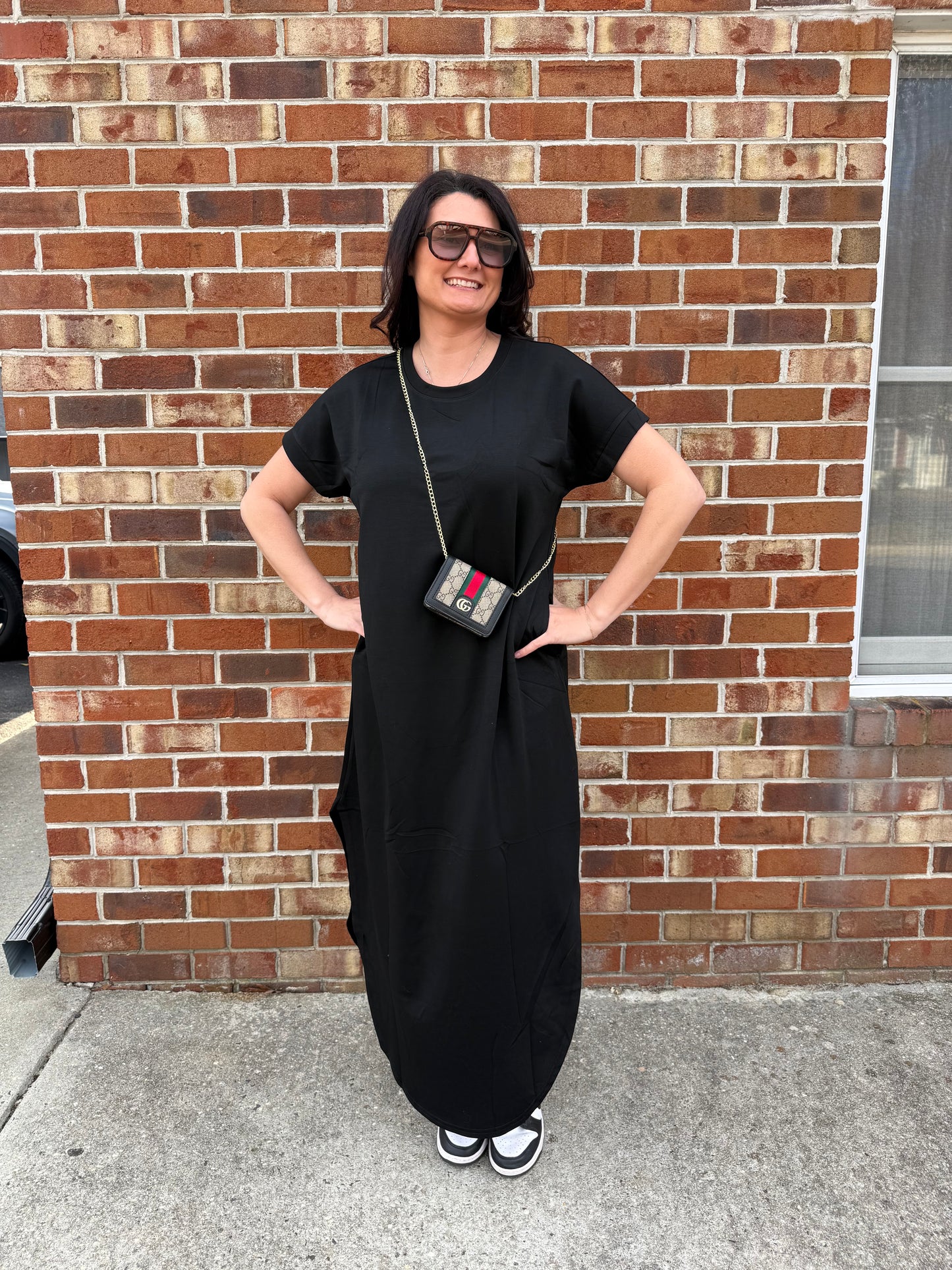 Long black short-sleeved dress