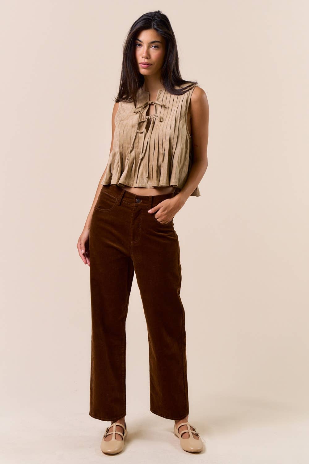 Sleeveless Suede Tie-Front Top: Brown