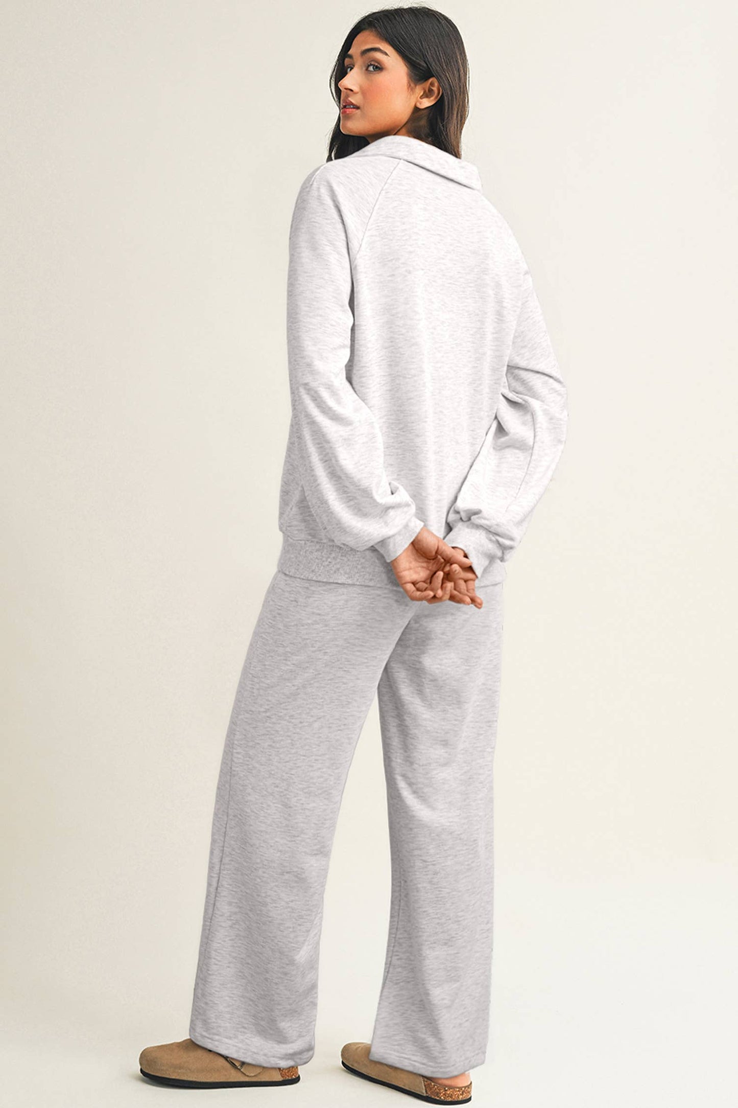 Collar V Neck Pullover and Drawstring Sweatpants Set: Dark Khaki