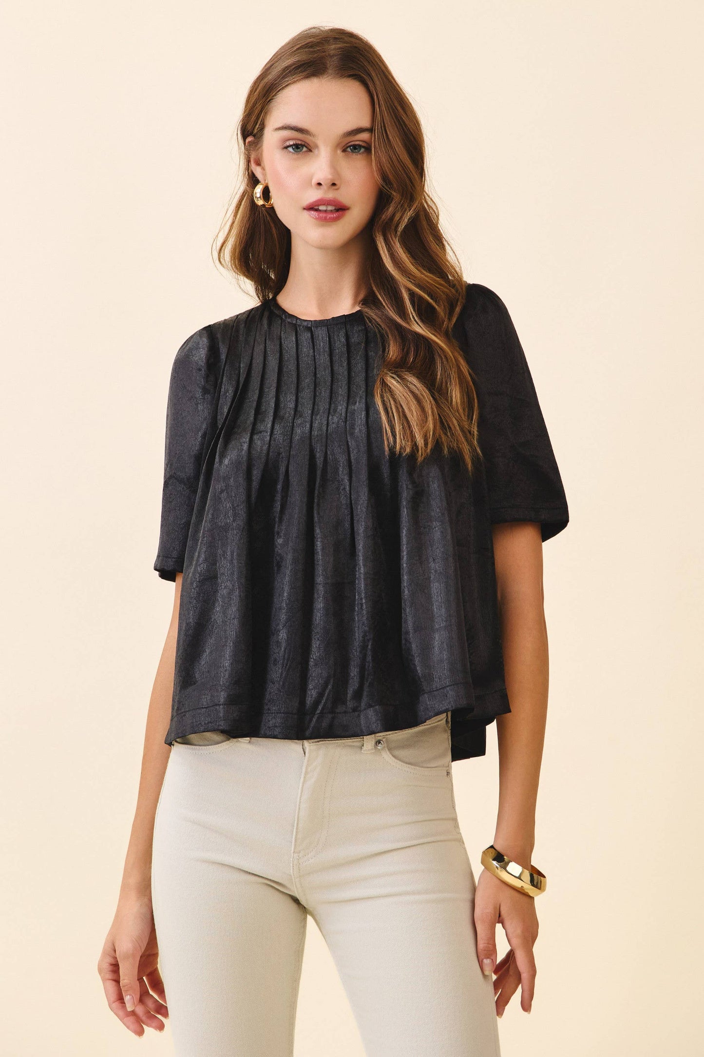 Silver Pleated Detail Round Neck Short Metallic Top