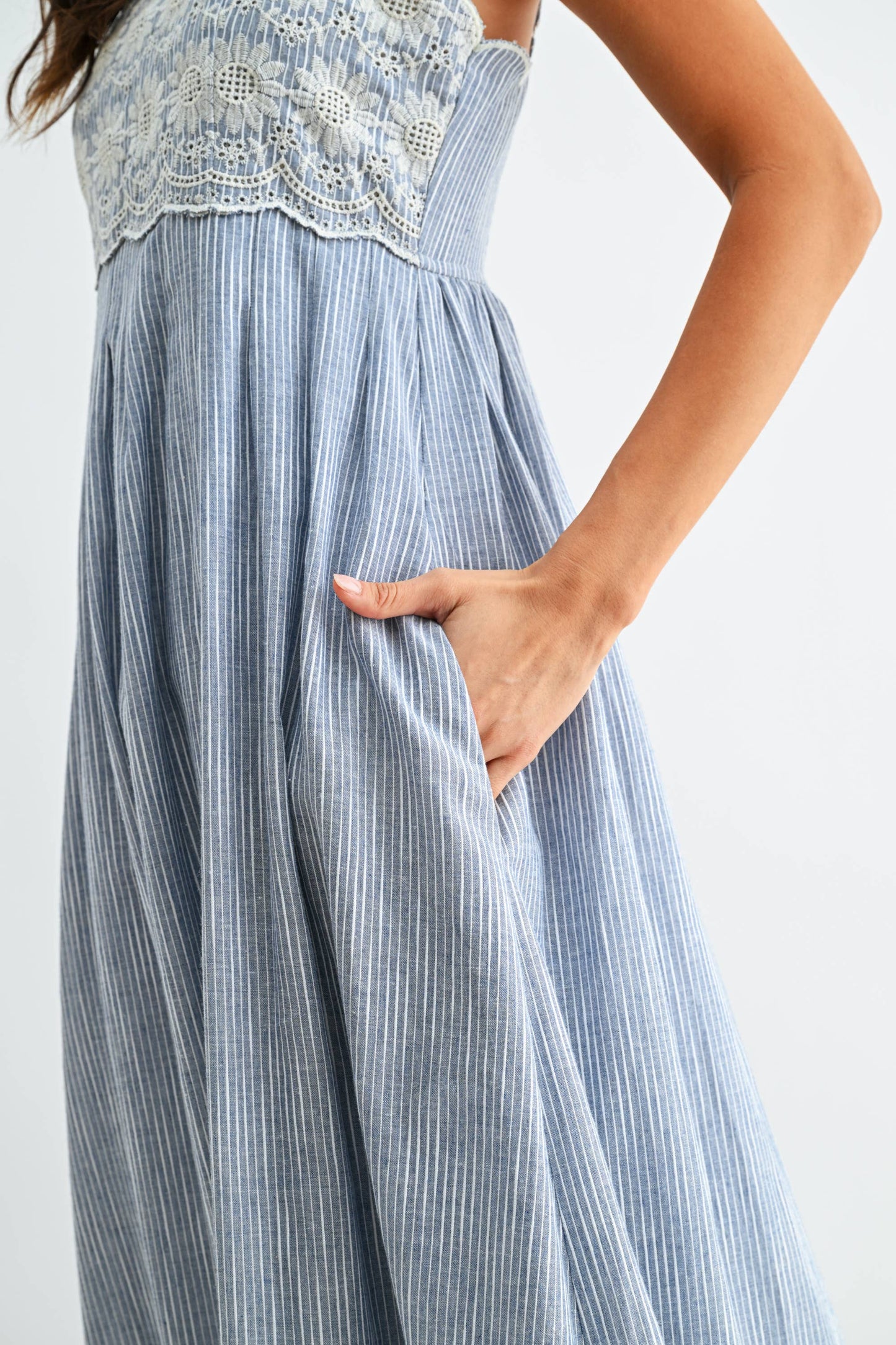 Pinstripe Midi Dress with Embroidered Lace: LT.BLUE/WHITE