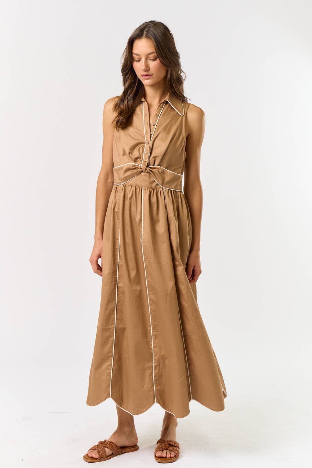 SLEEVELESS COLLARED BUTTON DOWN MAXI DRESS : TAUPE
