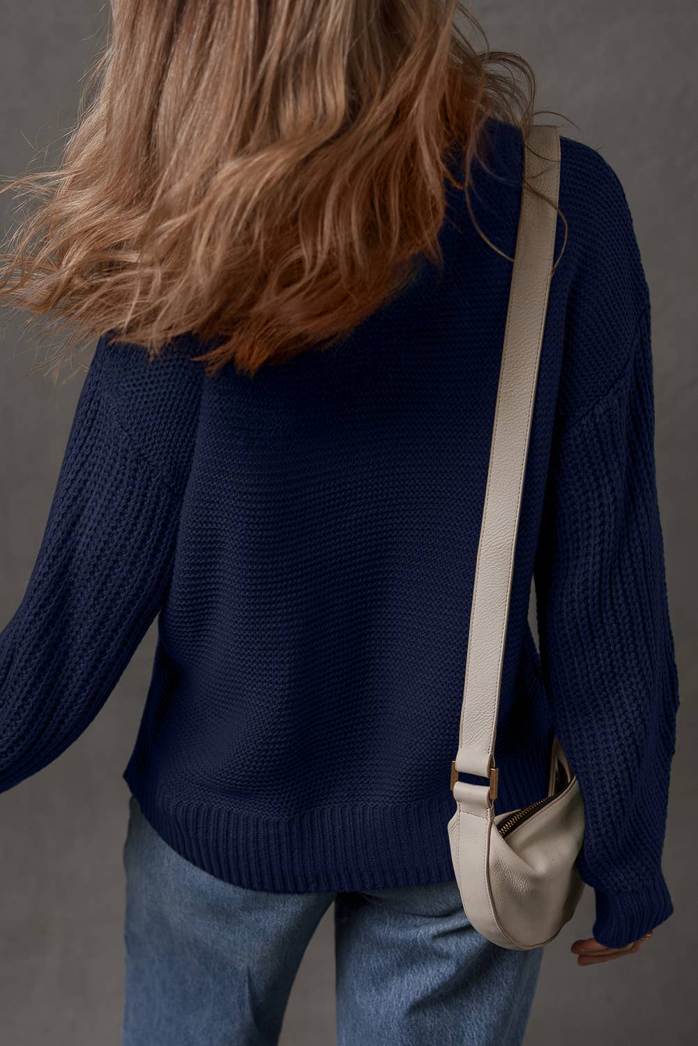 Solid Color Mix Texture Knit Front Seam Detail Sweater: Dirty blue