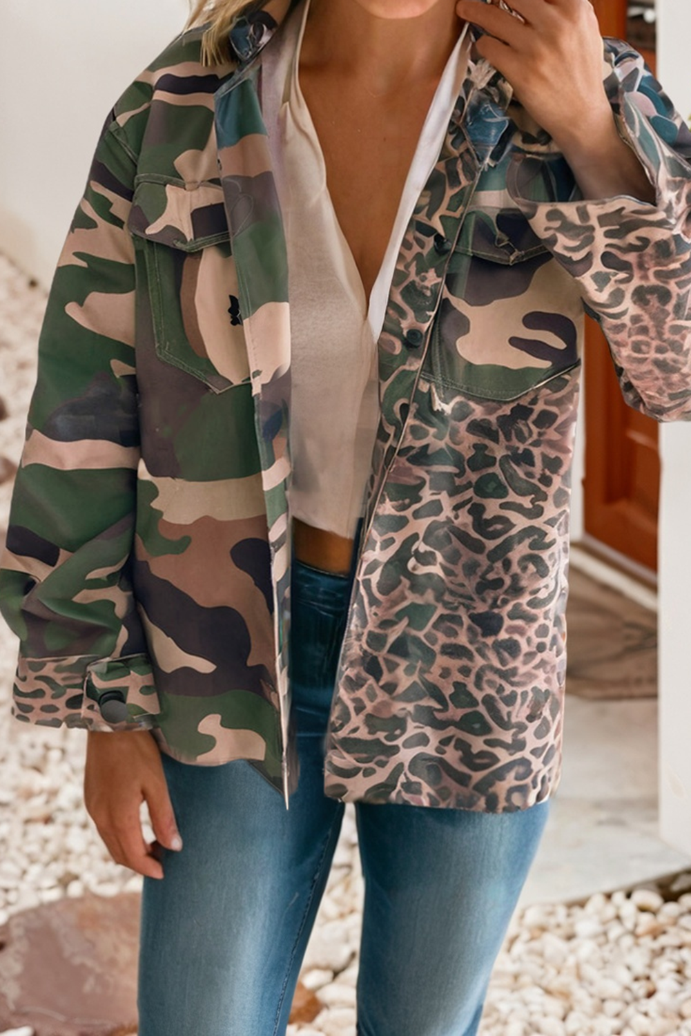 Leopard Camo Patchwork Oversize Shacket: Brown