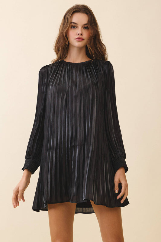Metallic Pleated Relaxed A Line Mini Dress