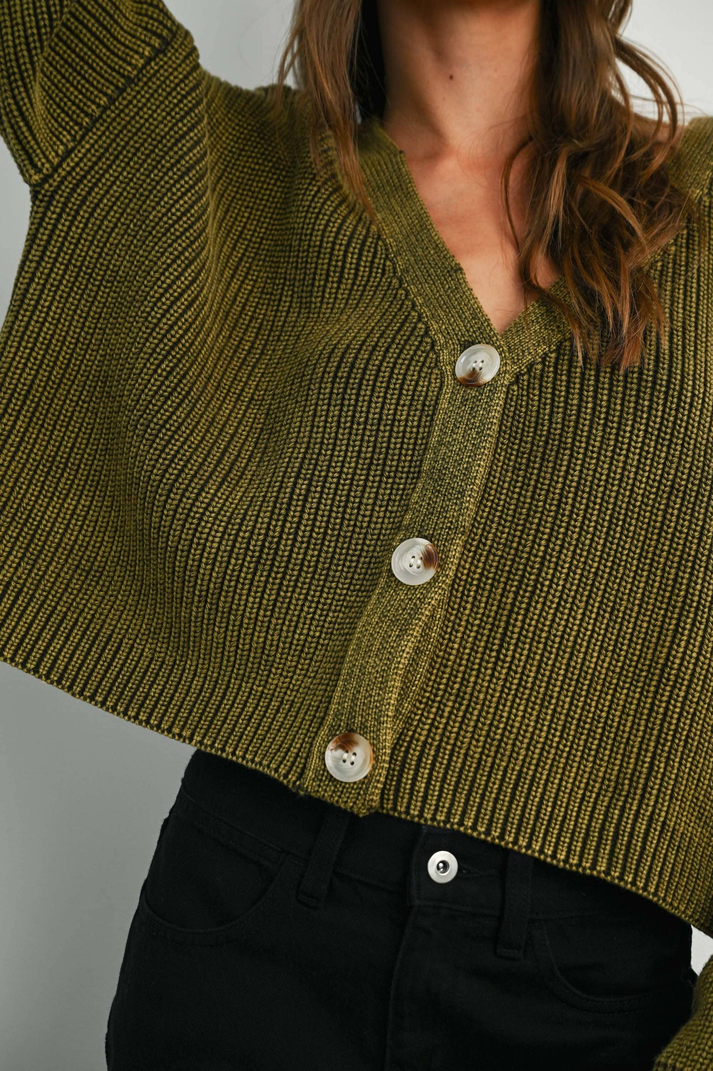 V-Neck Buttoned Ribbed Long Sleeve Cardigan