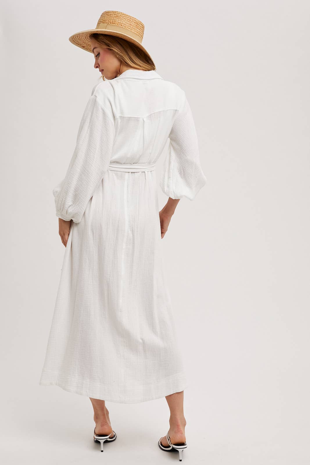 BUBBLE SLEEVE BELTED SHIRTS MIDI DRESS: MUSHROOM