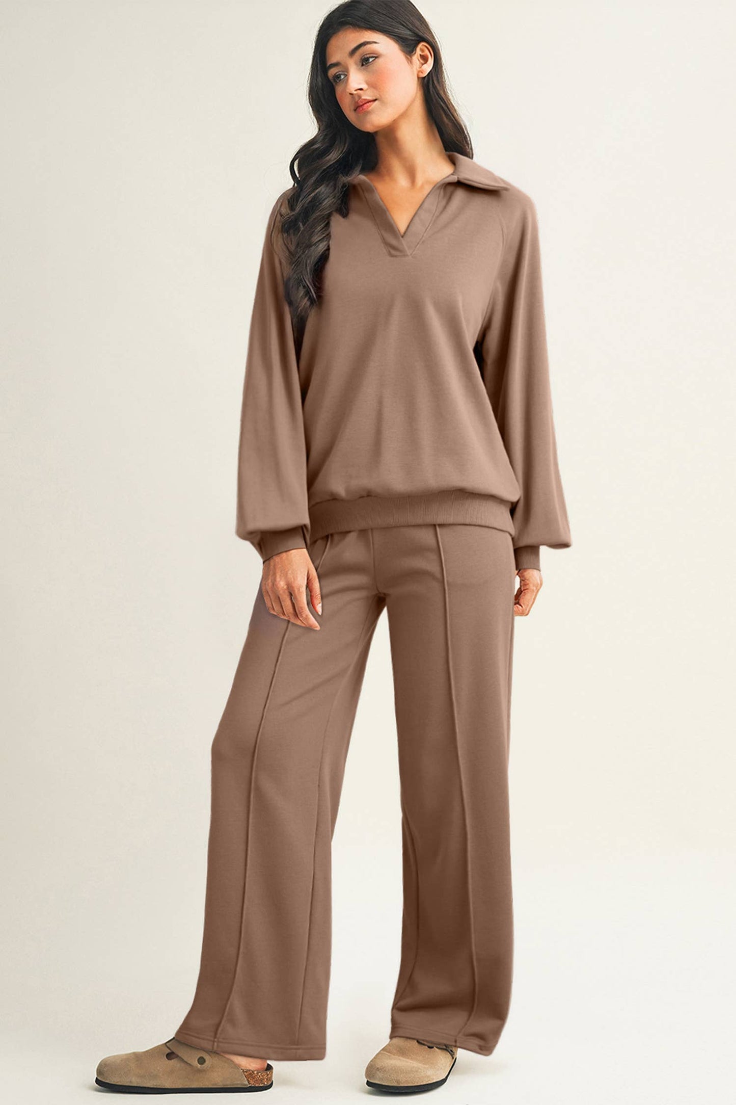 Collar V Neck Pullover and Drawstring Sweatpants Set: Dark Khaki