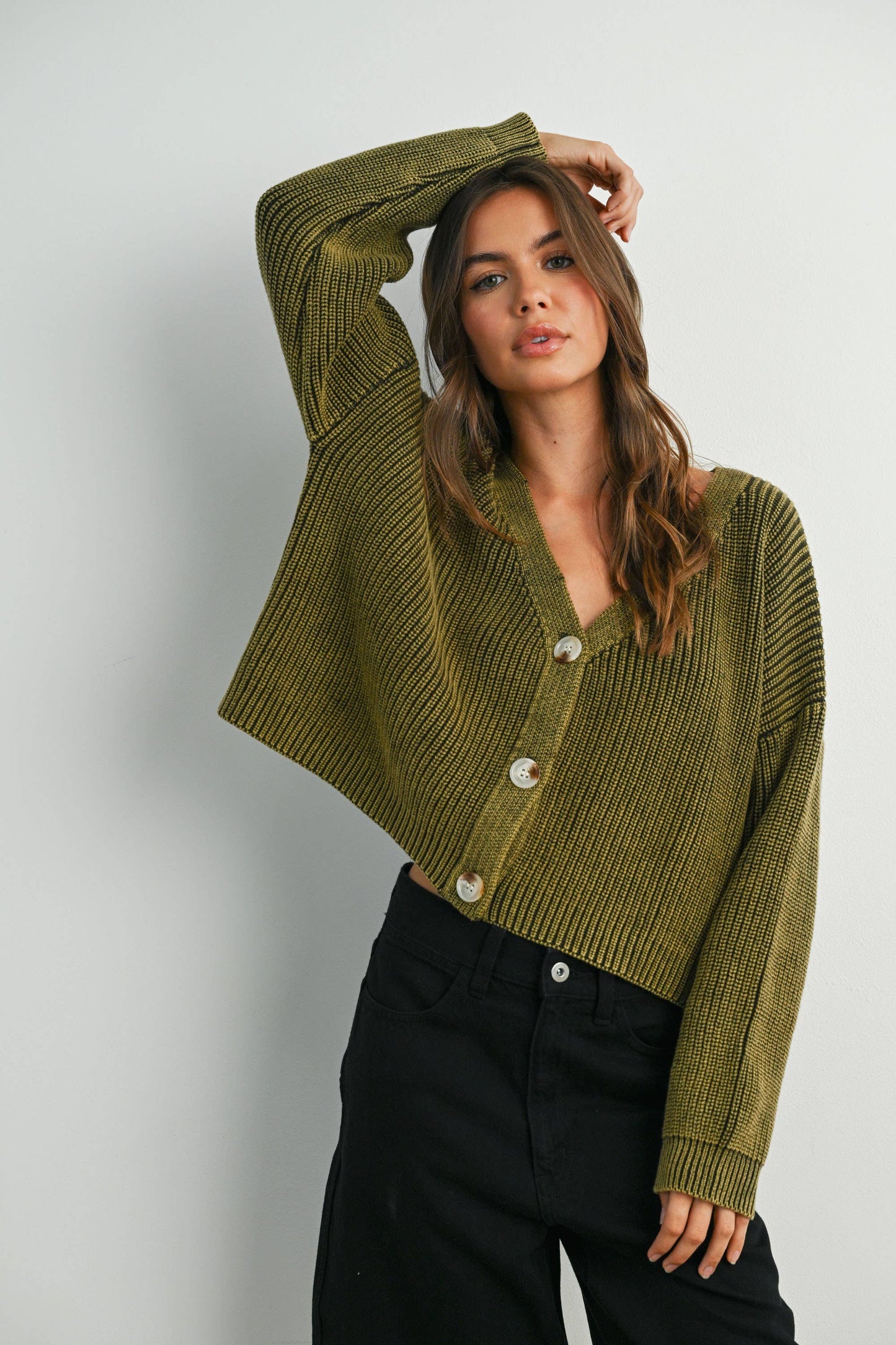 V-Neck Buttoned Ribbed Long Sleeve Cardigan