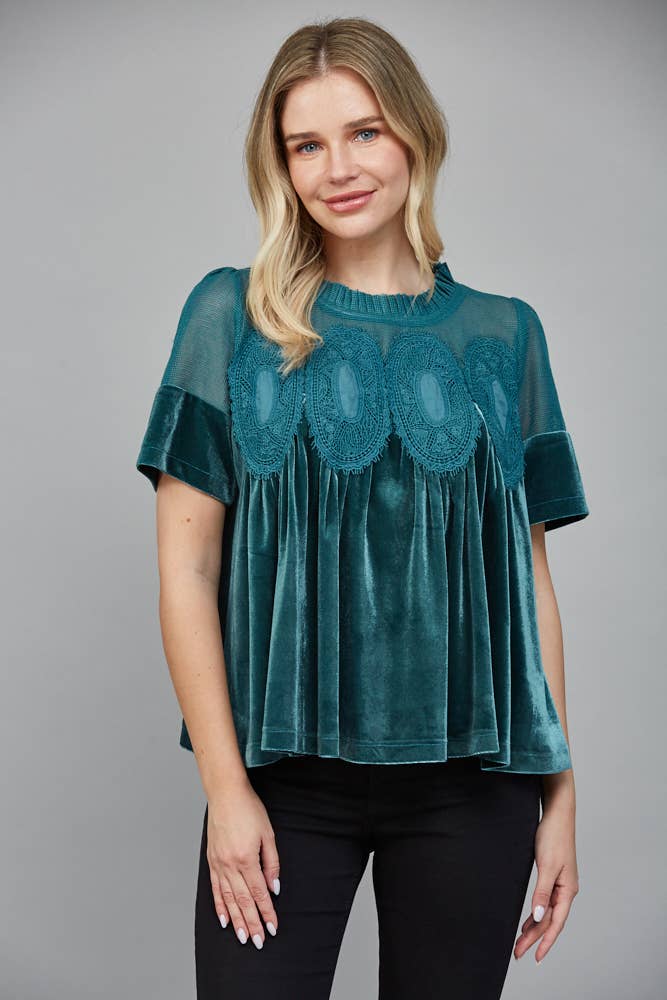 LACE DETAIL VELVET BABYDOLL TOP: WOODROSE