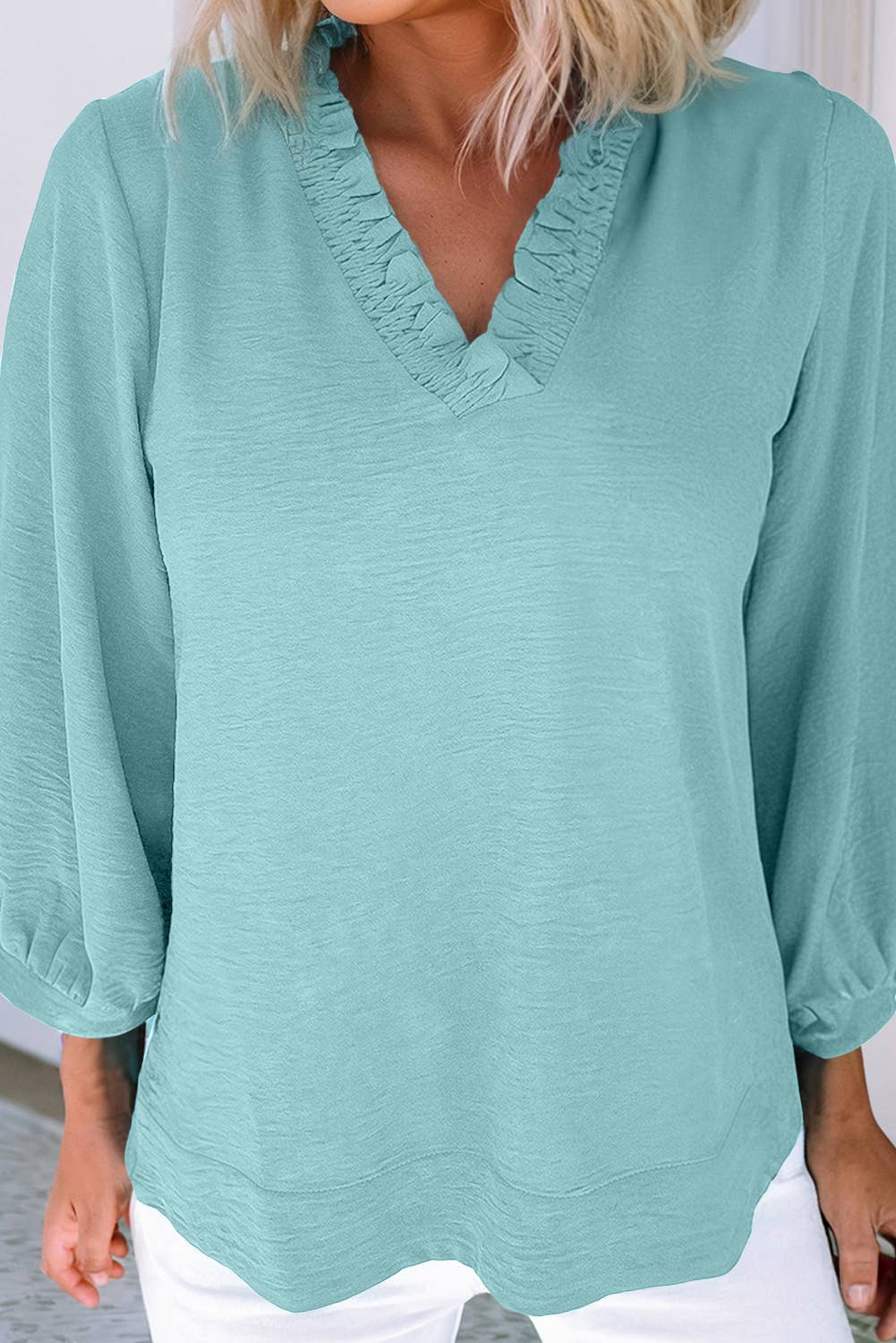 Frilled V Neckline Bracelet Sleeve Crinkled Blouse: Moonlight Jade