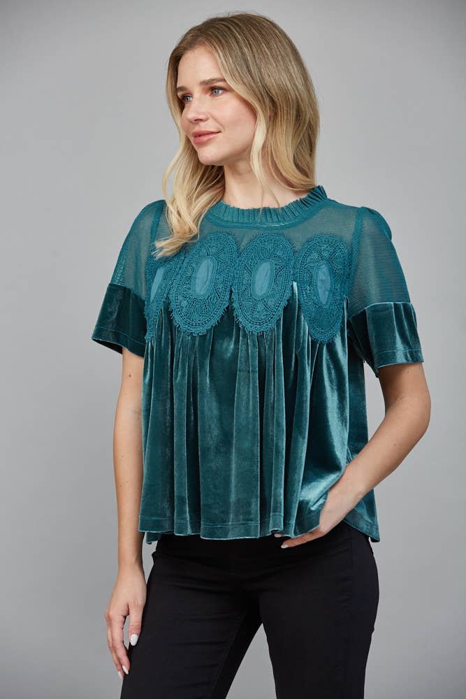 LACE DETAIL VELVET BABYDOLL TOP: WOODROSE