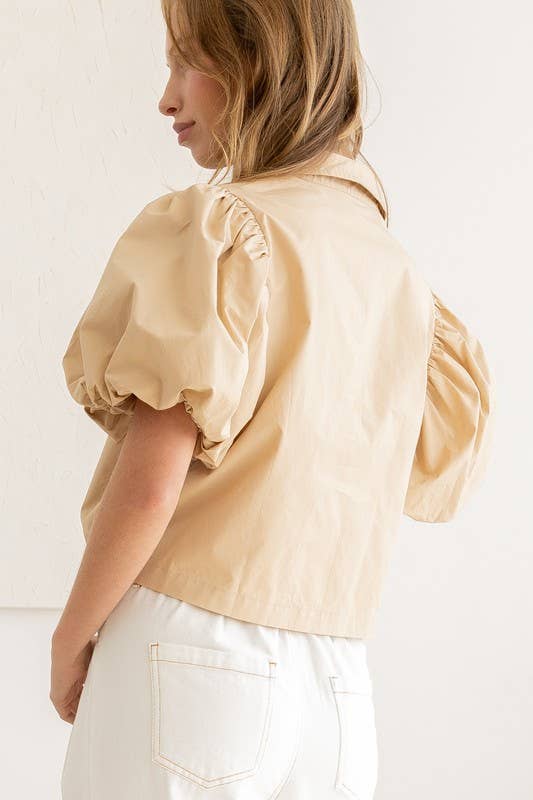 Drawstring Hem Puff Sleeve Blouse: LATTE