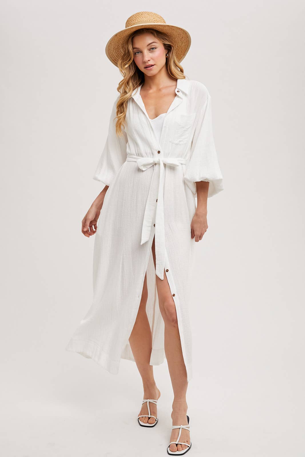 BUBBLE SLEEVE BELTED SHIRTS MIDI DRESS: MUSHROOM