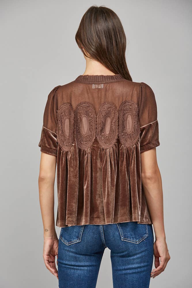 LACE DETAIL VELVET BABYDOLL TOP: WOODROSE