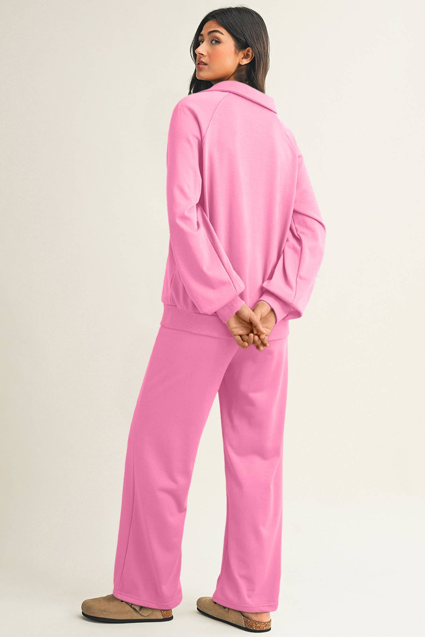 Collar V Neck Pullover and Drawstring Sweatpants Set: Dark Khaki