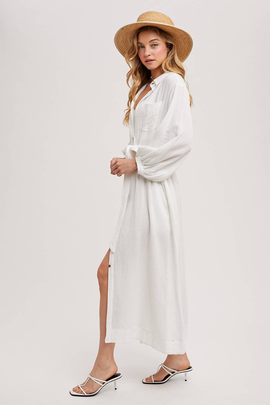 BUBBLE SLEEVE BELTED SHIRTS MIDI DRESS: MUSHROOM