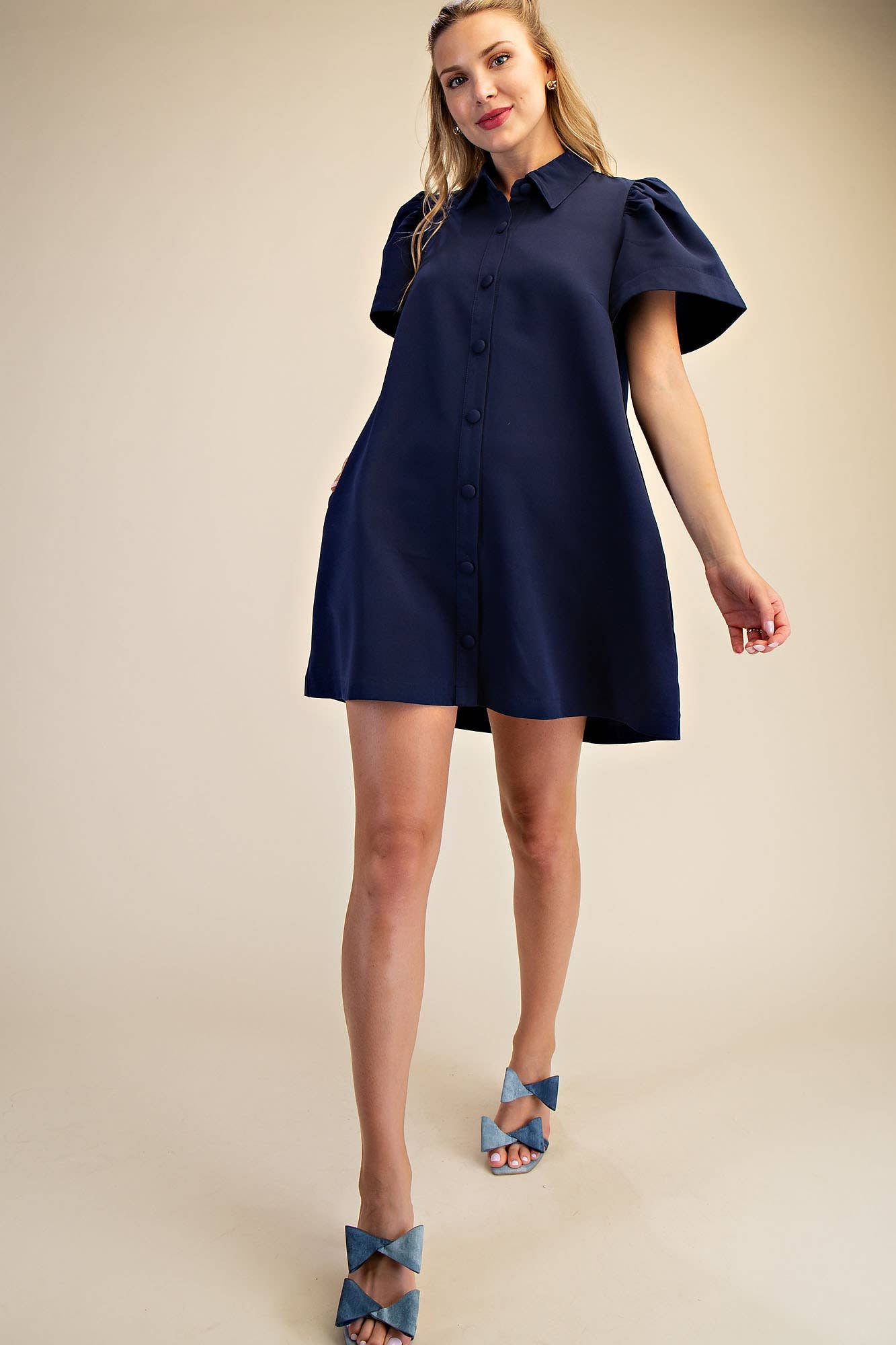 Collar Neck Button Down Mini Dress: Navy