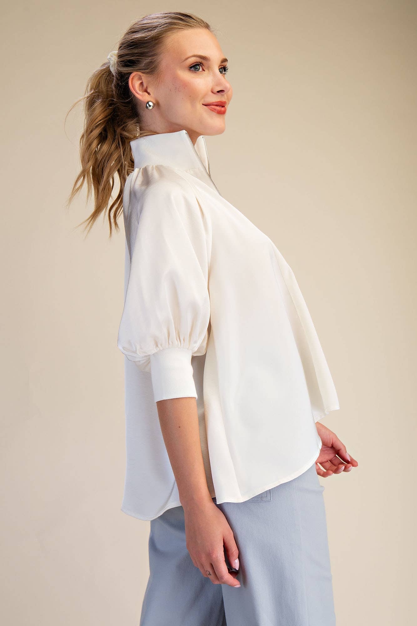Mock Neck Band Puff Sleeve Elegance Blouse: Light Pink