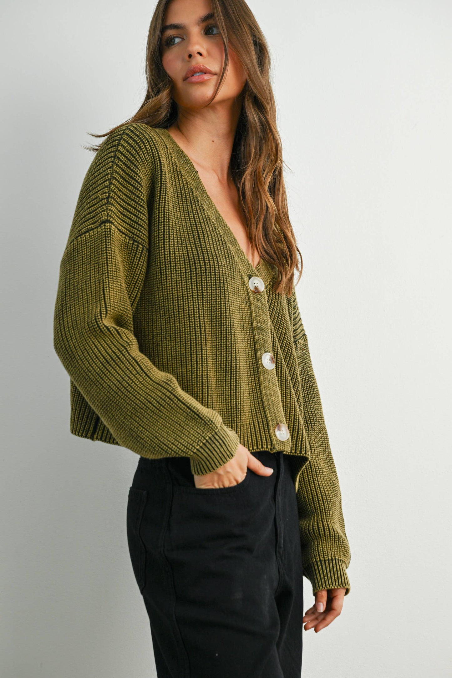 V-Neck Buttoned Ribbed Long Sleeve Cardigan