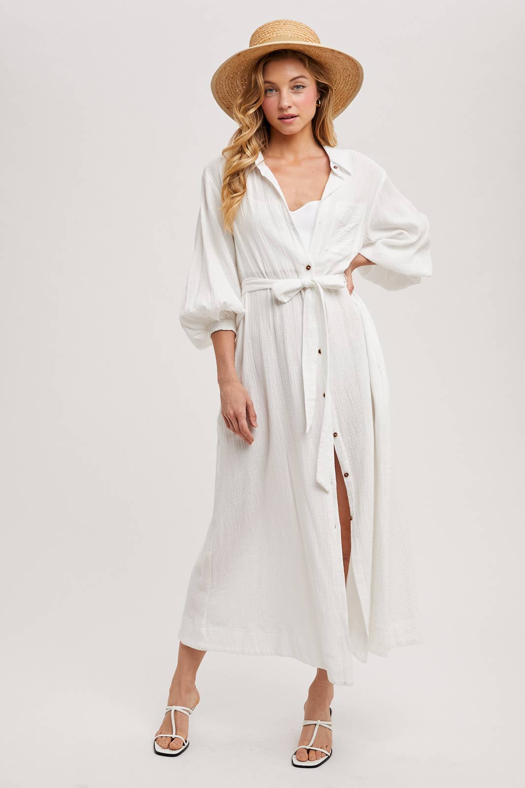 BUBBLE SLEEVE BELTED SHIRTS MIDI DRESS: MUSHROOM