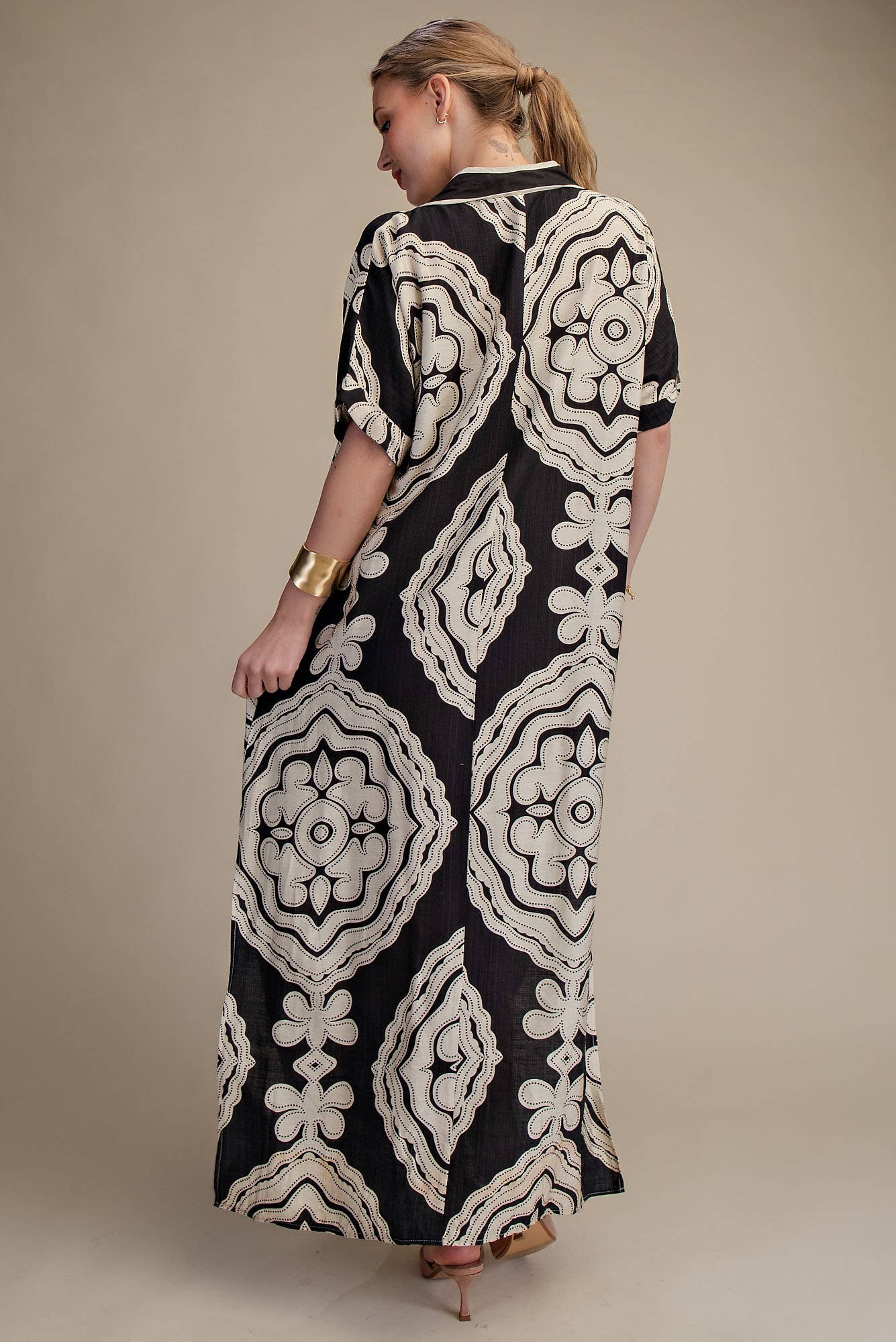V-Neck Short Sleeve Maxi Print Dress: Blue