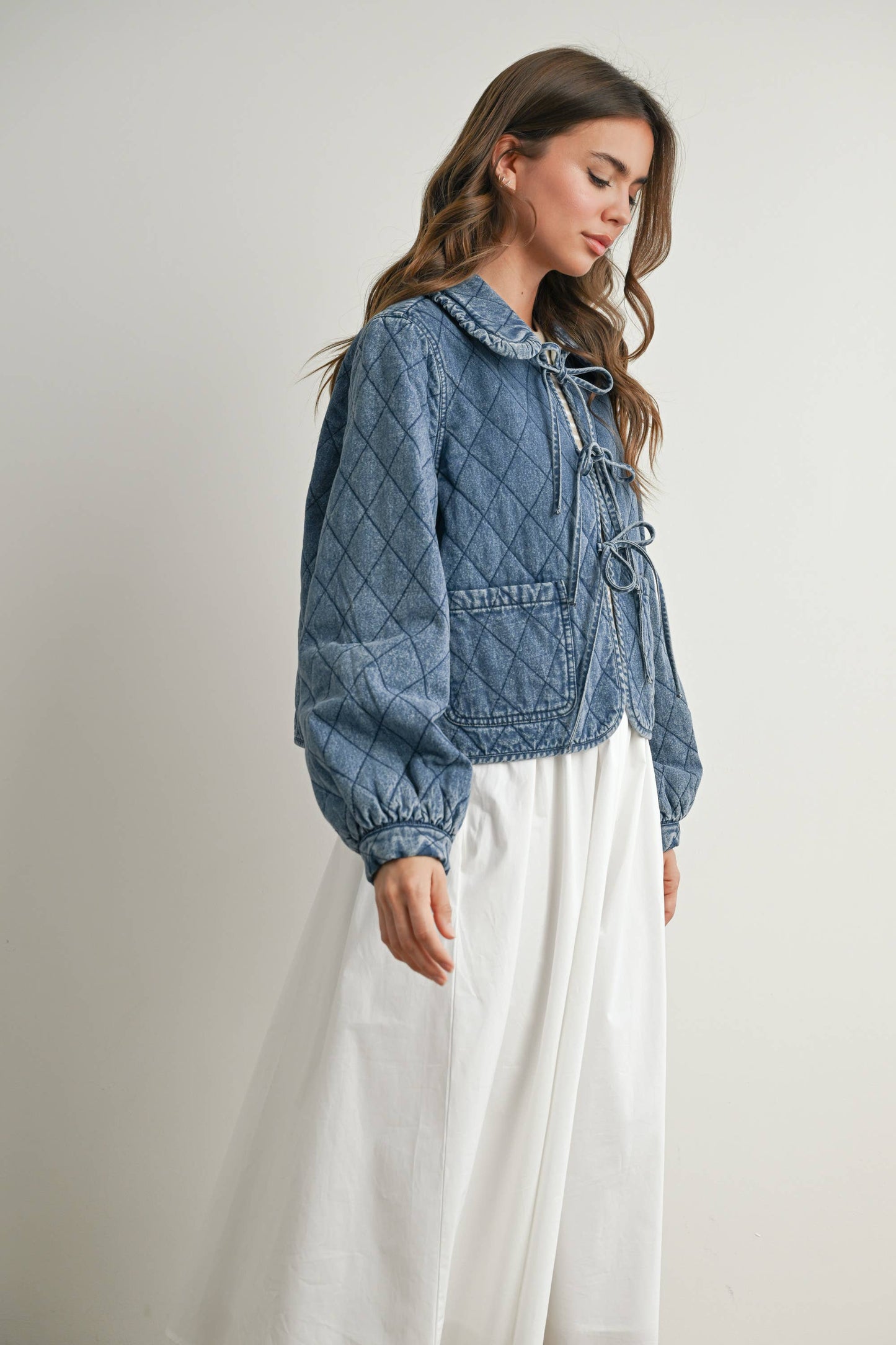 Quilted Long Sleeve Tie-Front Jacket - DENIM