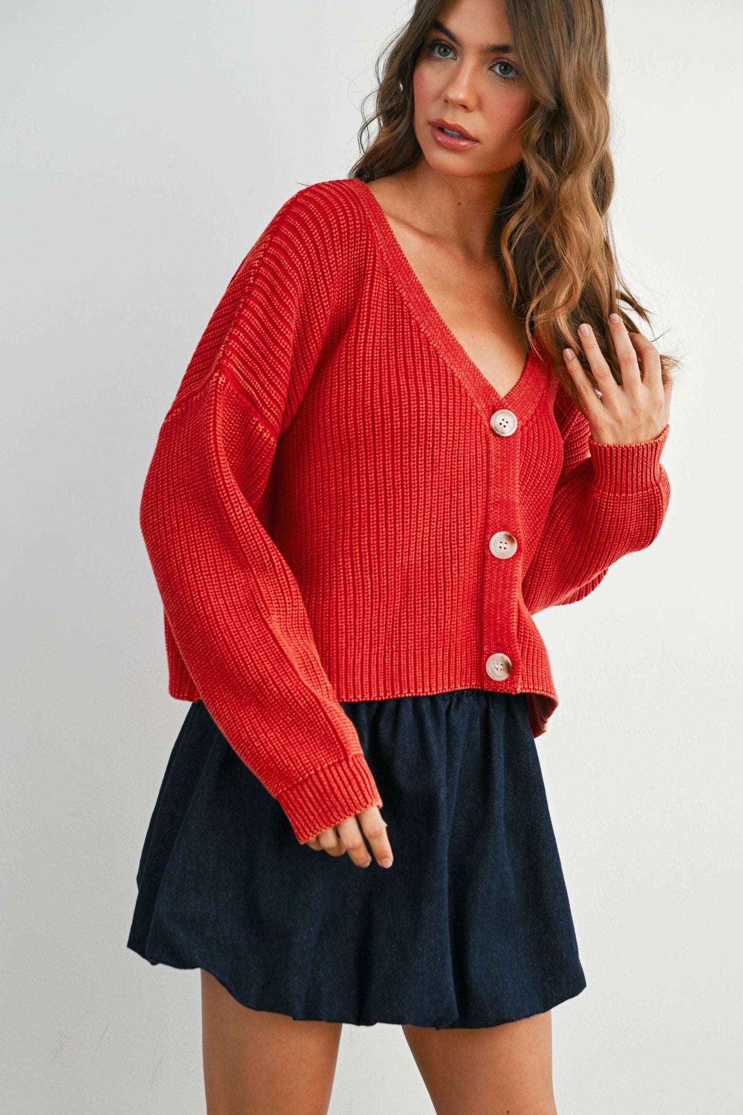 V-Neck Buttoned Ribbed Long Sleeve Cardigan