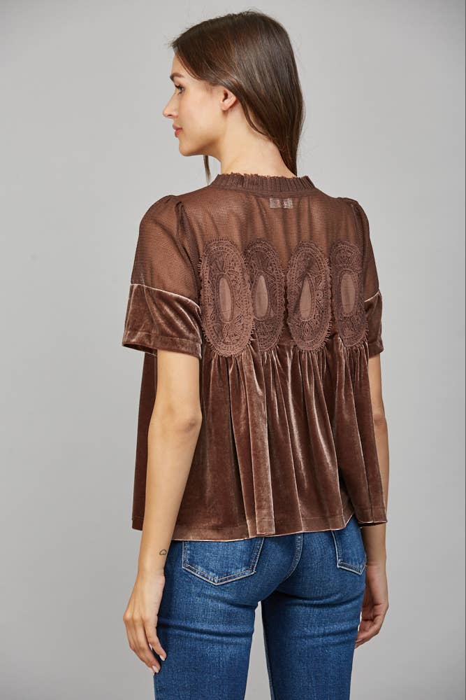 LACE DETAIL VELVET BABYDOLL TOP: WOODROSE