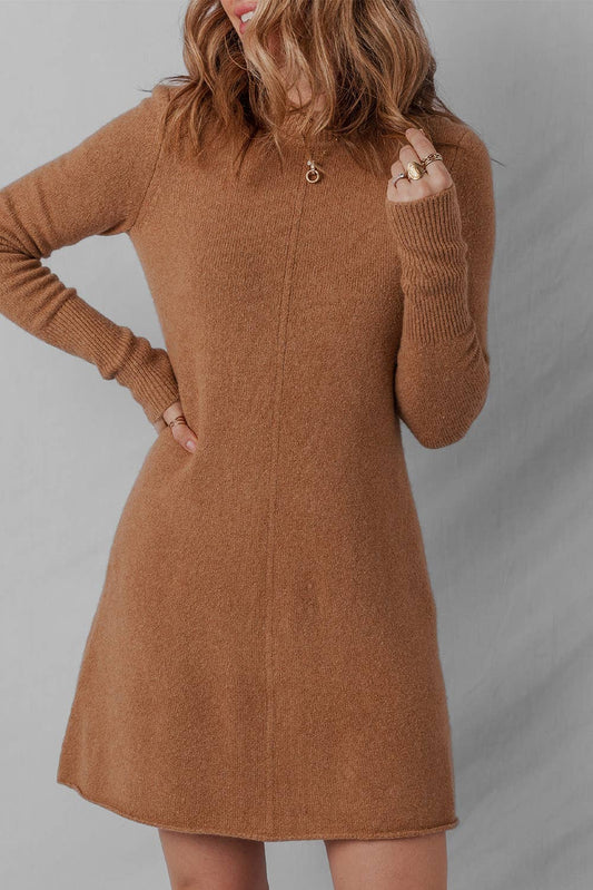 Ribbed Detail Solid Color Mini Sweater Dress: Straw Yellow