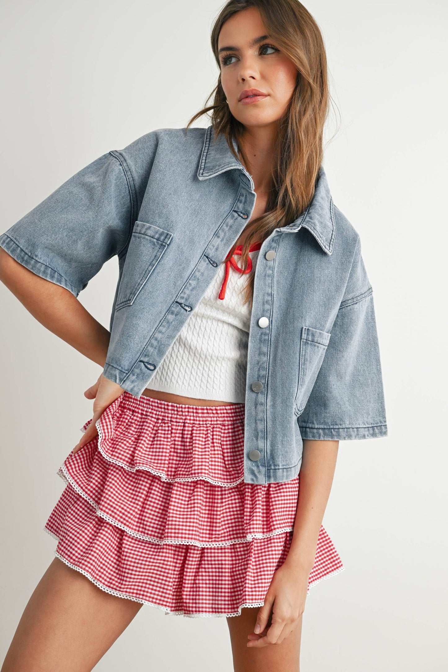 Button Front Cropped Shirt: DENIM