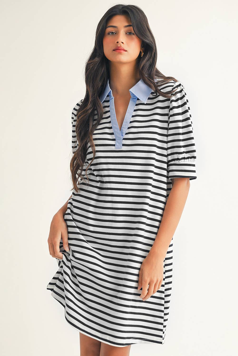 Stripe Contrast V Neck Collared T Shirt Mini Dress: Black