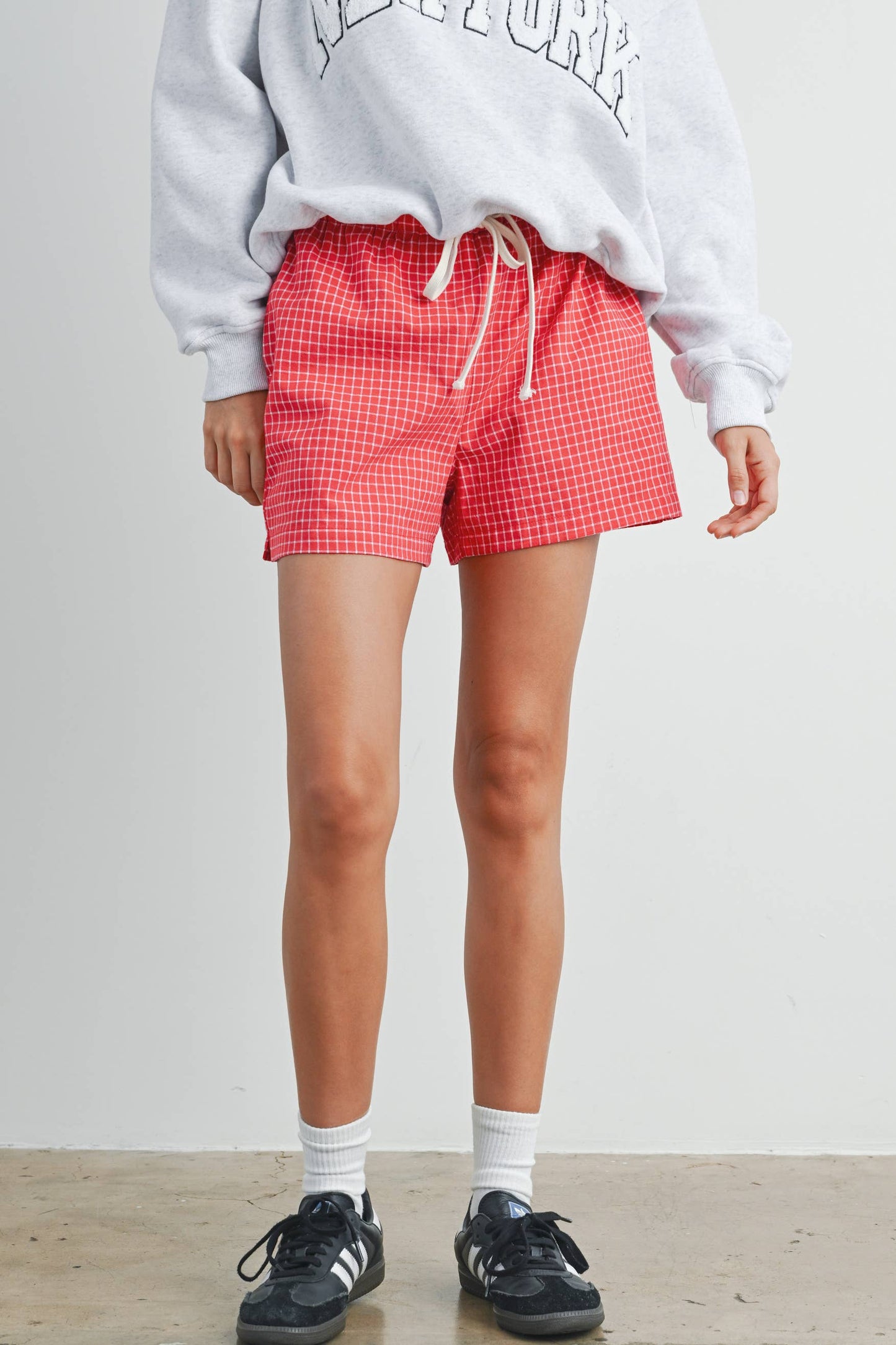 Elastic Drawstring Check Boxer Shorts: RED MULTI