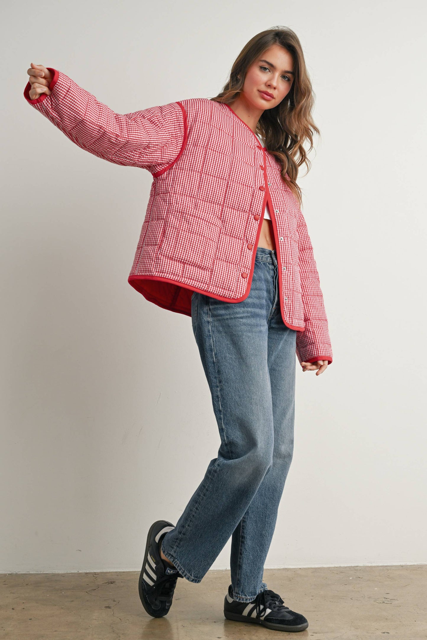 Buttoned Quilted Puffer Jacket -Red