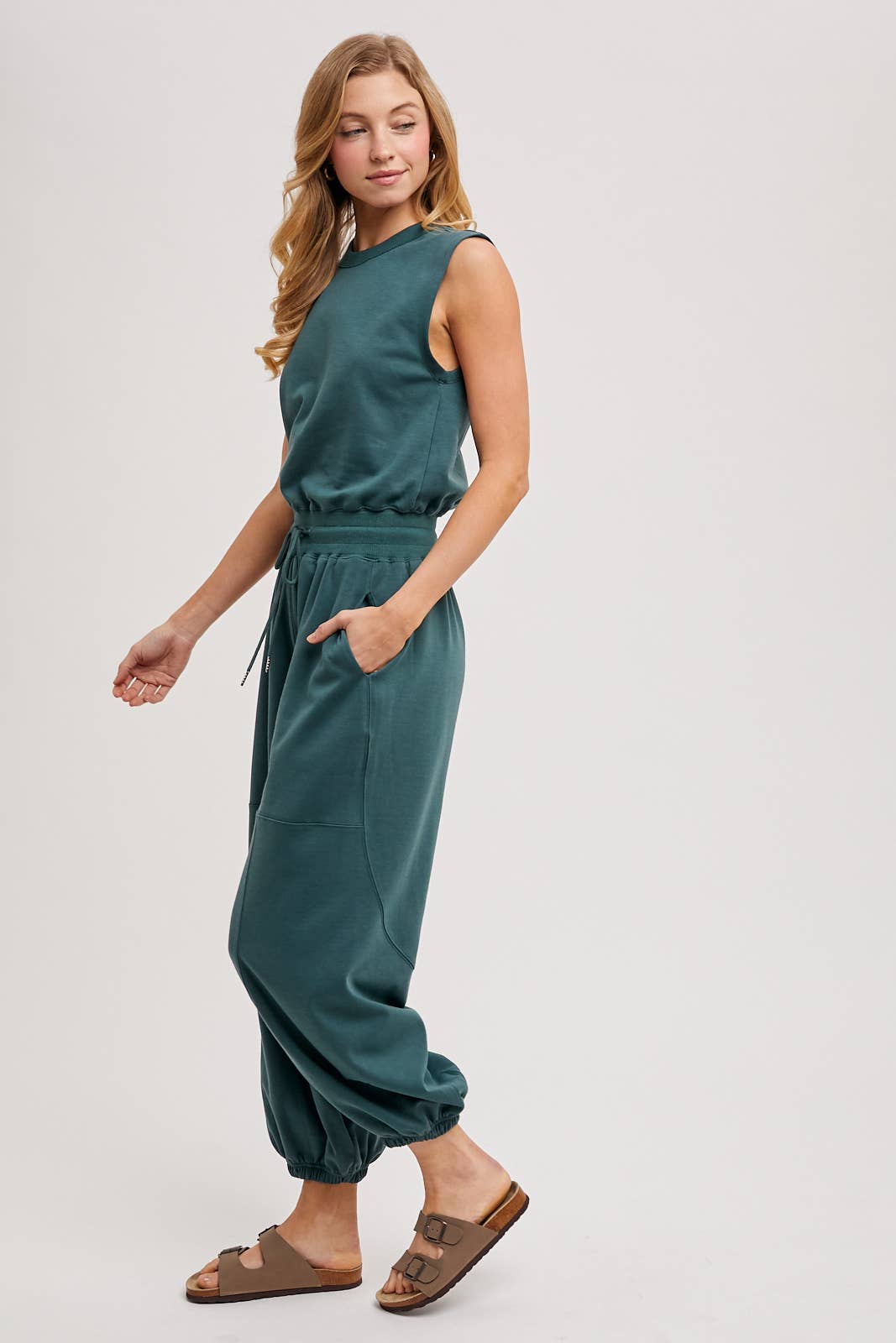 DRAWSTRING WAIST SLEEVELESS KNIT ACTIVE JUMPSUIT: ASH