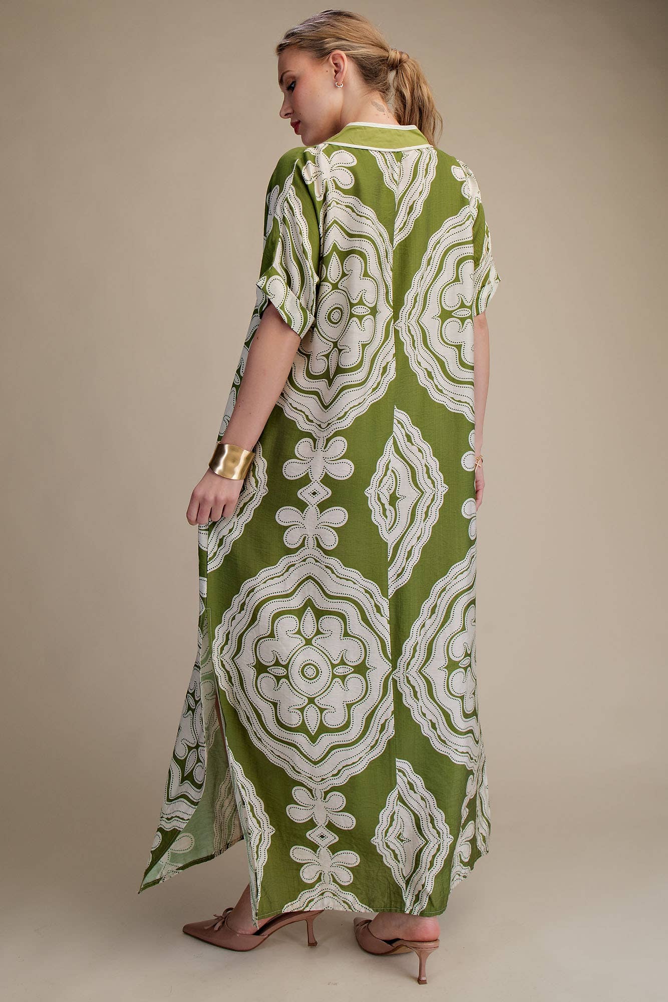 V-Neck Short Sleeve Maxi Print Dress: Blue