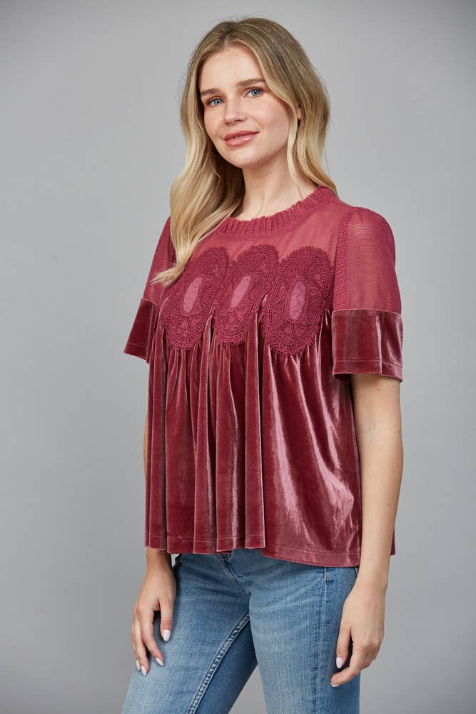 LACE DETAIL VELVET BABYDOLL TOP: WOODROSE