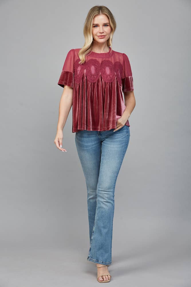 LACE DETAIL VELVET BABYDOLL TOP: WOODROSE