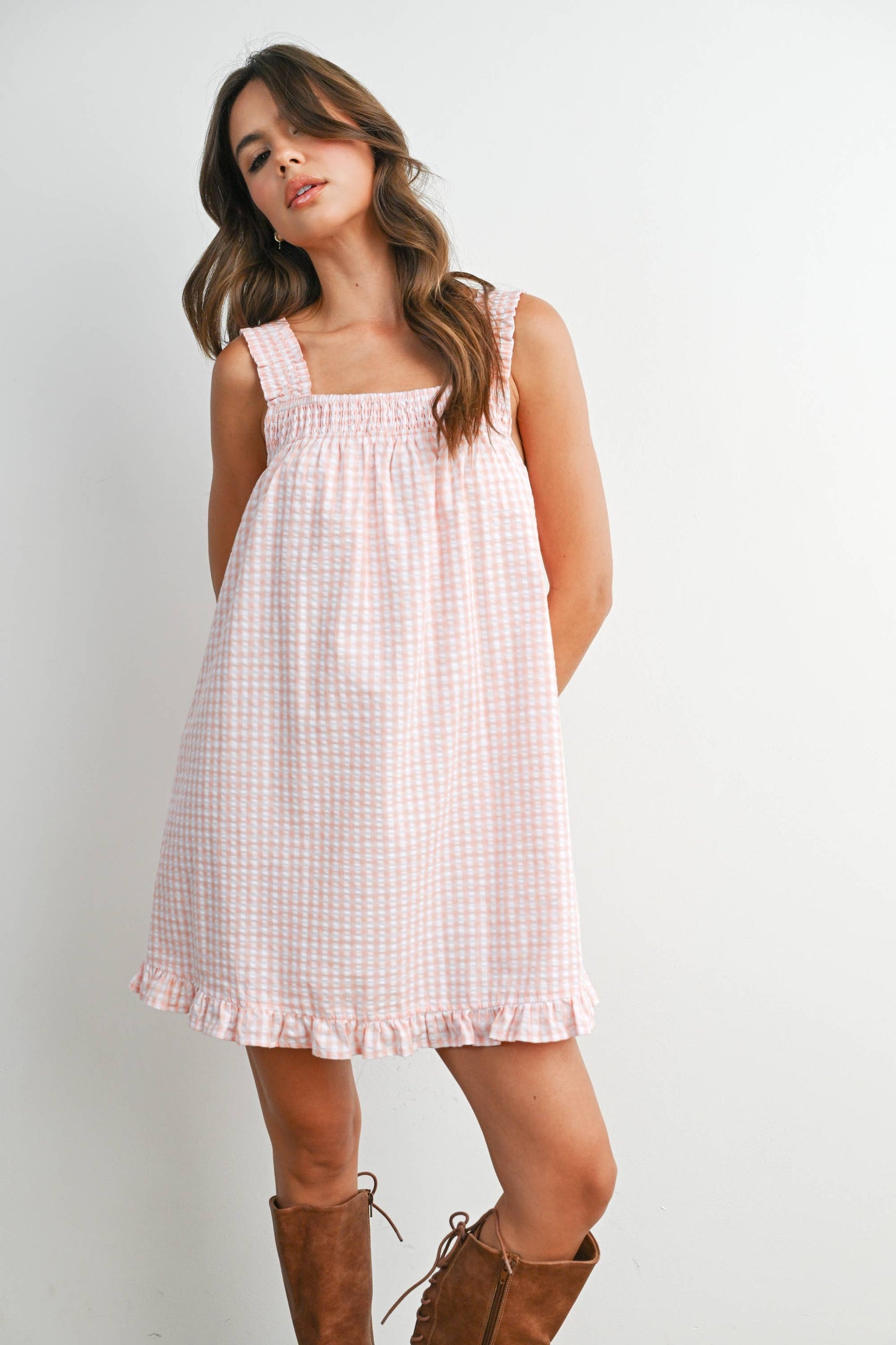 Back-Tie Smocked Yoke Ruffle Hem Dress - PINK / IVORY