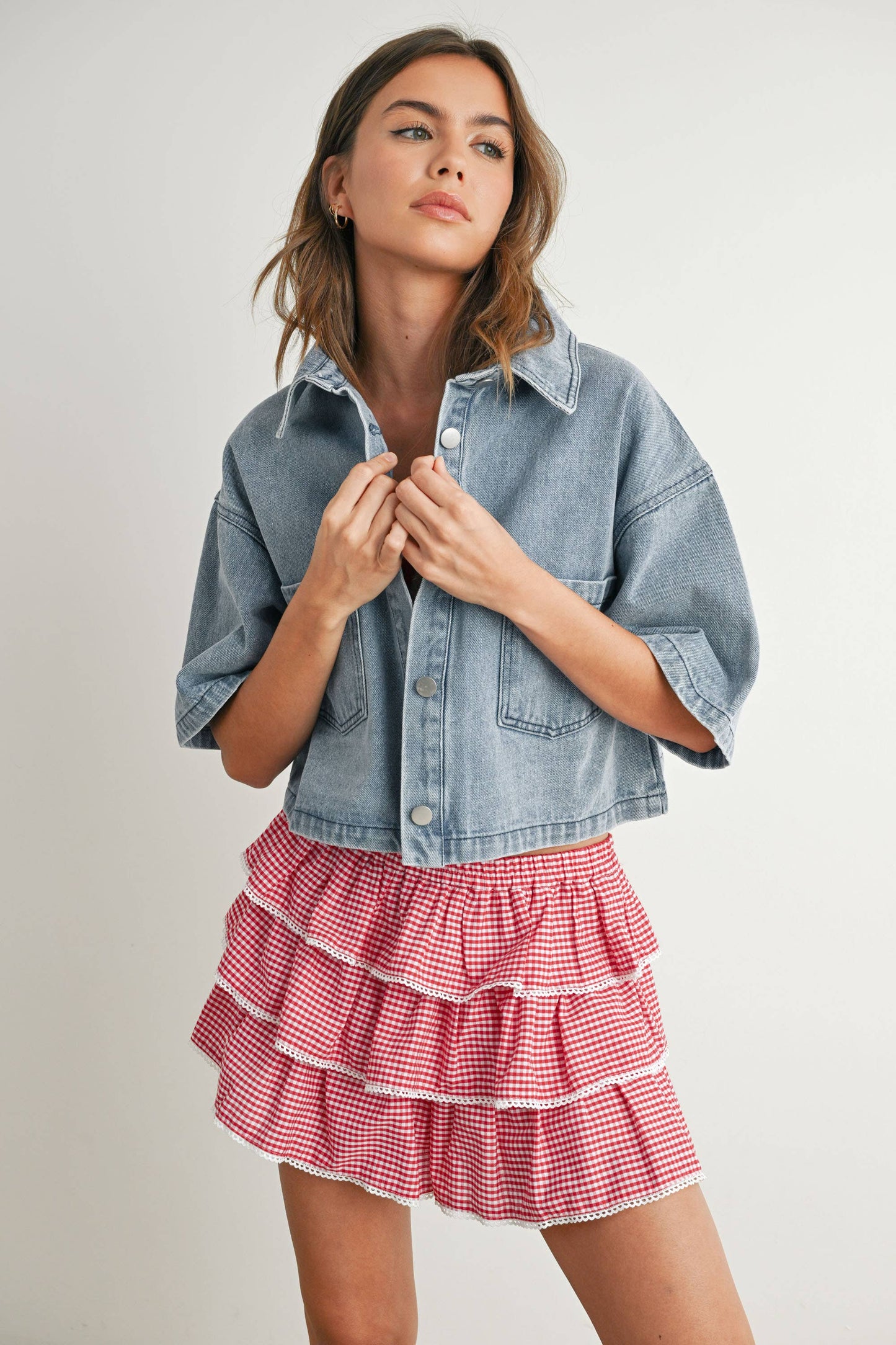 Button Front Cropped Shirt: DENIM
