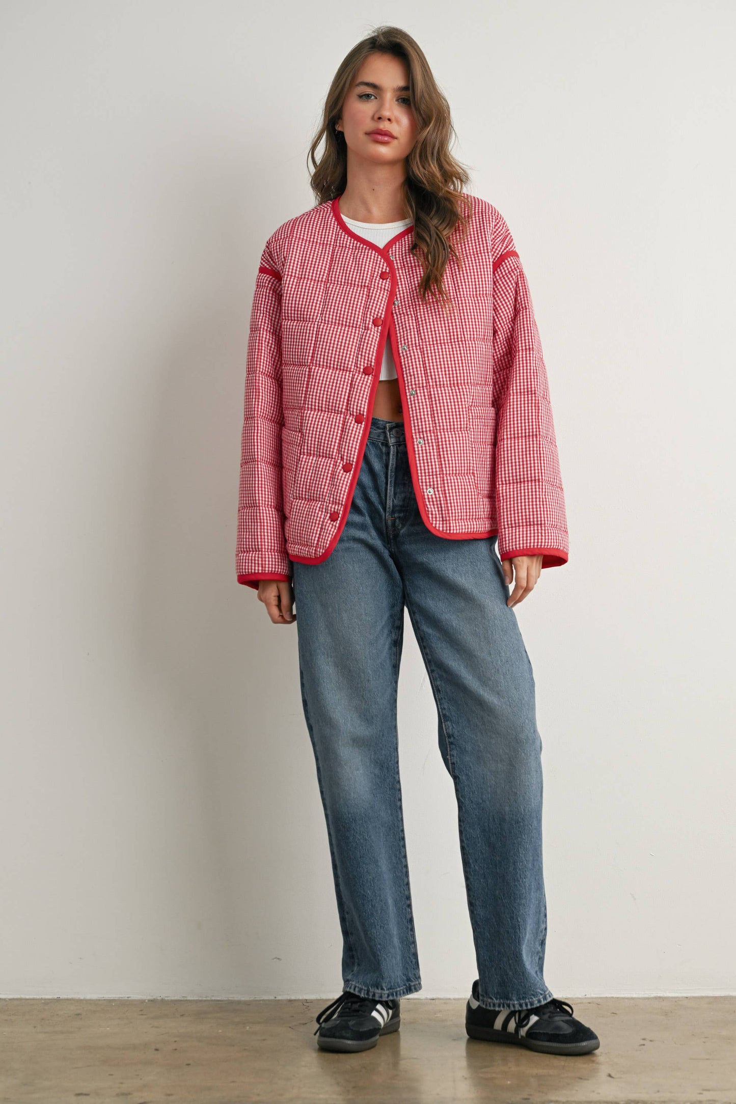 Buttoned Quilted Puffer Jacket -Red